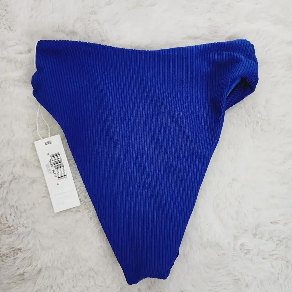 Frankie’s Bikinis Jenna High Waisted Bikini Bottom Cerulean Blue Ribbed Size XS